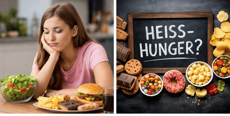 Frau mit unruhigem Blick vor ungesundem Essen, Heißhunger bekämpfen, Tipps gegen Heißhungerattacken.