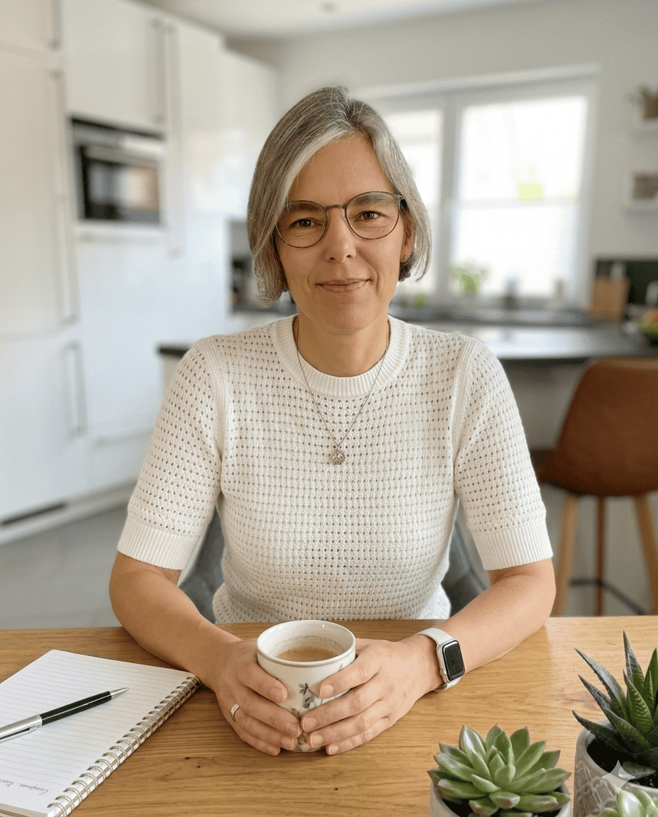 Tanja Hauton-Zitt mit einer Tasse am Küchentisch